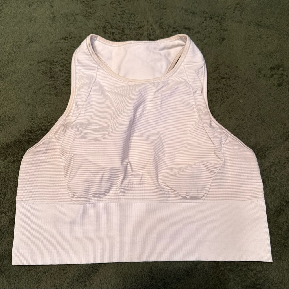 Lululemon white striped sports bra, high neck size 8